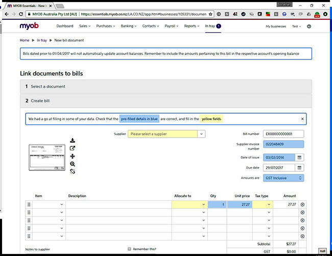 MYOB Essentials - Billfeeds